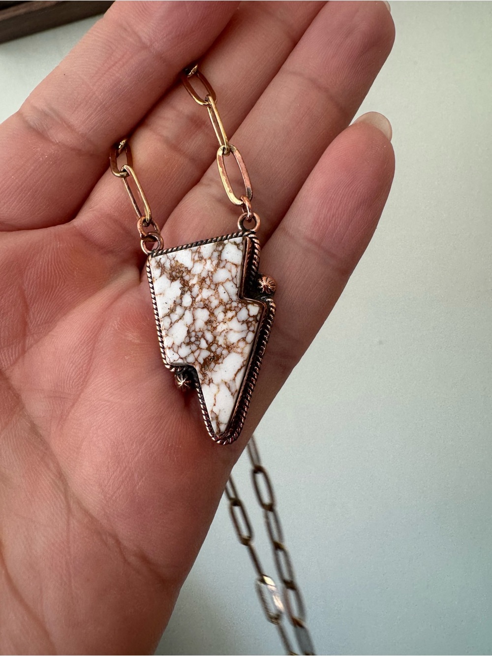 COPPER PAPER CLIP CHAIN NECKLACE w/ GENUINE WILD HORSE LIGHTENING BOLT PENDANT